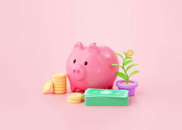 Piggy bank with coin Savings interest concept on Pink background 3d rendering