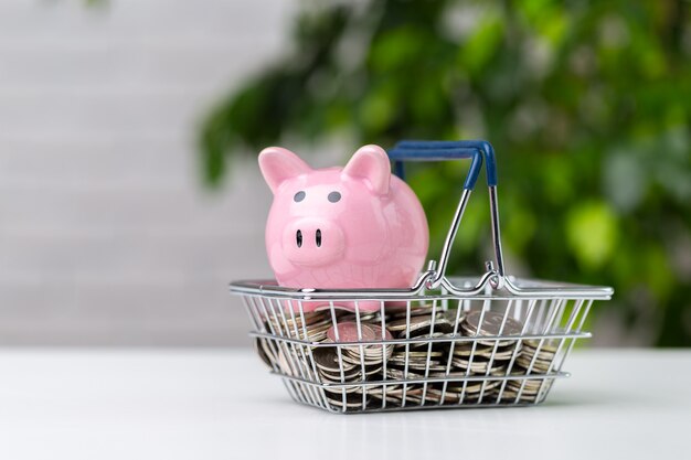 Piggy bank with coin on the table