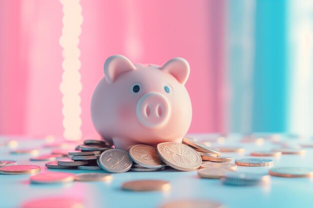 Photo piggy bank with coins on bokeh background with ai generated