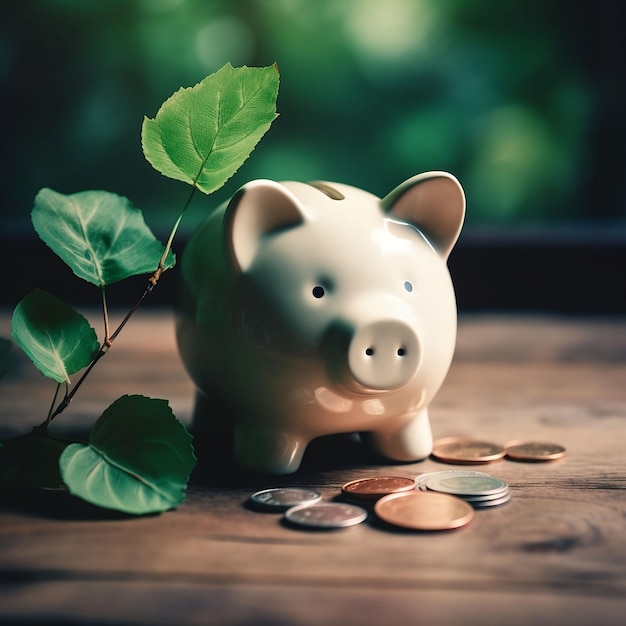 Piggy bank with coins and a bouquet of green leaves scattered around it - AI generated