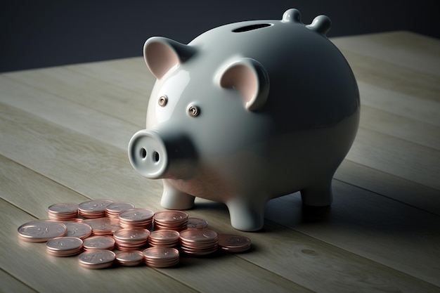 A piggy bank with coins and a coin on it