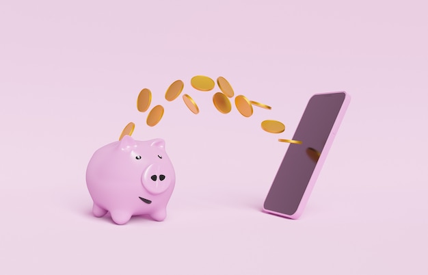 piggy bank with coins flying towards a mobile phone