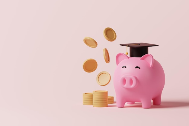 Копилка с монетами и выпускной шапкой на розовом фоне Инвестиции в экономию денег для концепции стипендии на образование 3d-рендеринг
