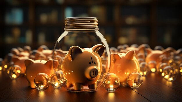 Piggy bank with coins and money on wooden background