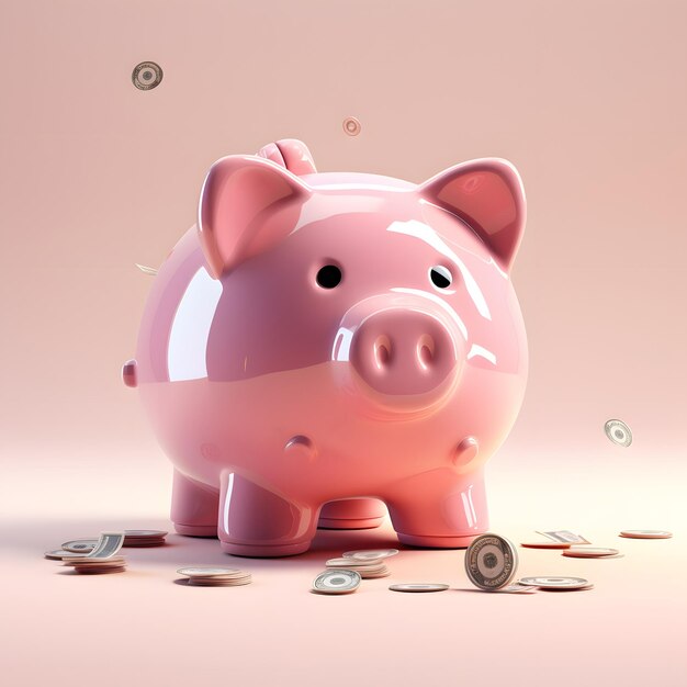 Piggy bank with coins on pink background 3d illustration