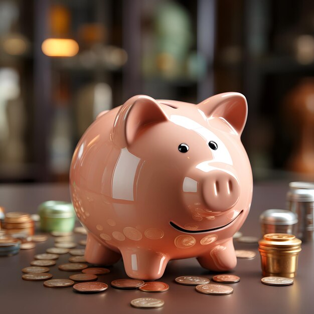 Piggy bank with coins on the table 3d rendering