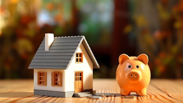 piggy bank with coins on the table and toy house