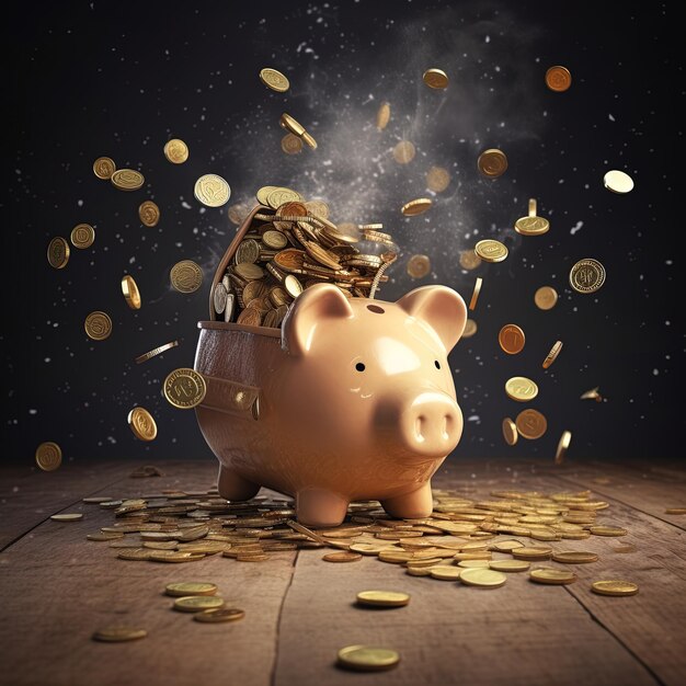 a piggy bank with a dollar bill on it and gold coins falling down