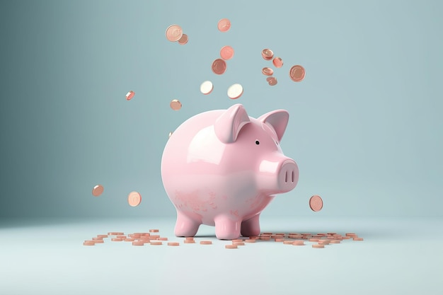 Piggy bank with falling coins 3D rendering