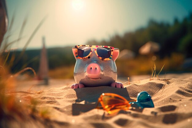 Photo piggy bank with glasses on the beach generative ai