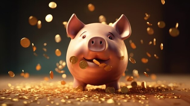 A piggy bank with gold coins in the air.