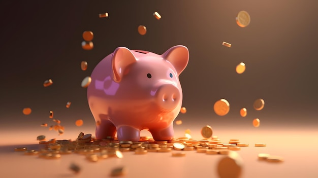 A piggy bank with gold coins falling out of it.