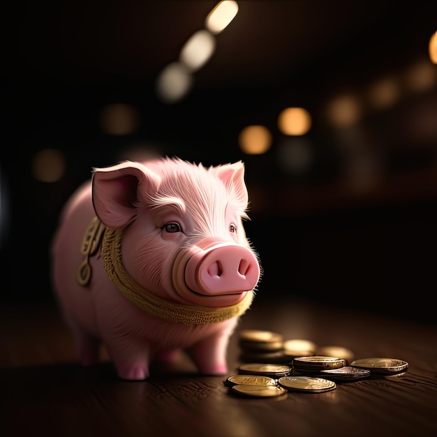 A piggy bank with gold coins on the table