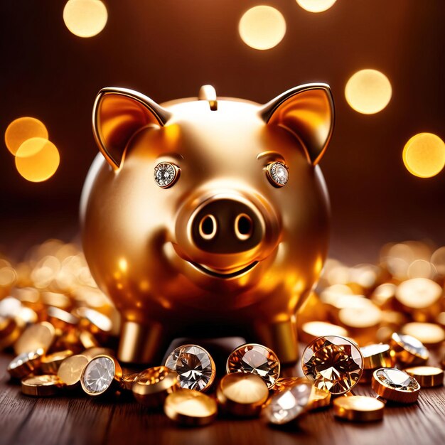 Piggy bank with gold and diamonds signifying wealth luxury and successful smart investment