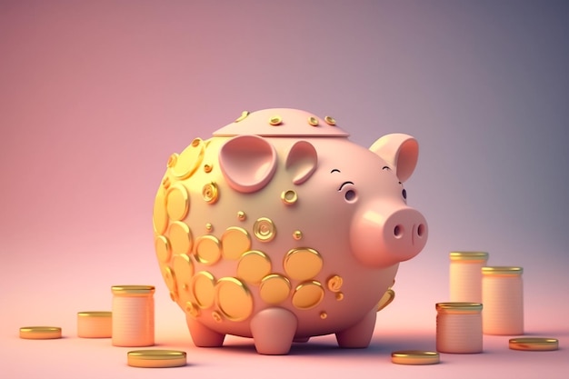 A piggy bank with gold dots and a jar of gold coins.