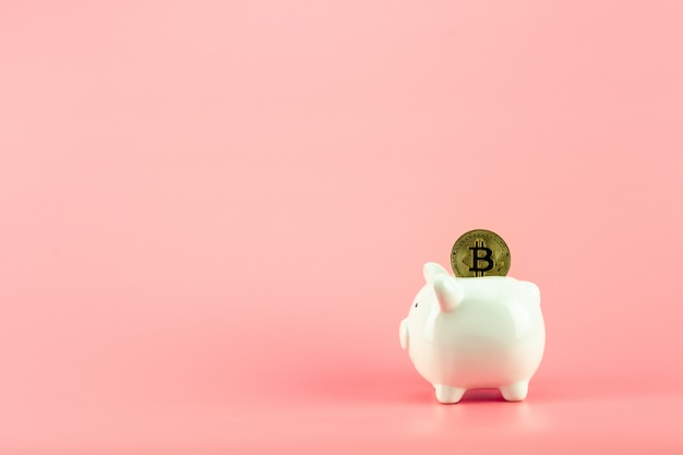 Photo piggy bank with golden bitcoin on pink