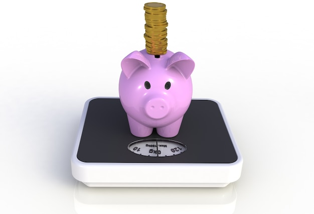 Piggy bank with golden coins on a weighing scale isolated on white background