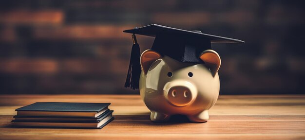 Photo piggy bank with graduation hat on wooden table