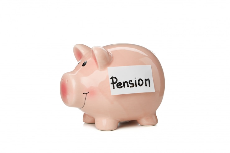 Photo piggy bank with inscription pension isolated on white surface