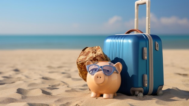 Photo piggy bank with luggage for travel holiday or vacation money saving budget concept