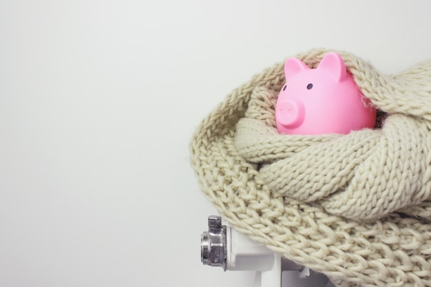 Piggy bank with money and scarf on radiator. Concept of heating season.