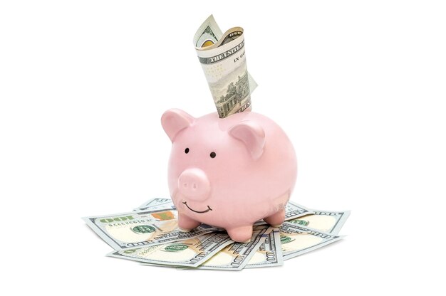 Photo piggy bank with money on white background