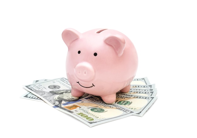 piggy bank with money on white background