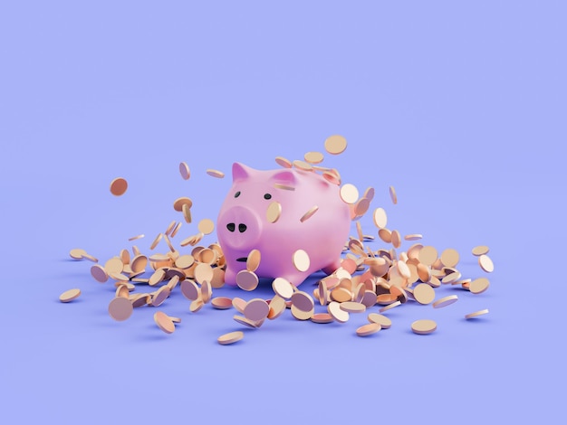 보라색 고립 된 배경 3d 렌더링에 많은 동전이 떨어지는 돼지 은행
