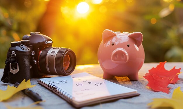 Piggy Bank with Notepad and Financial Goals