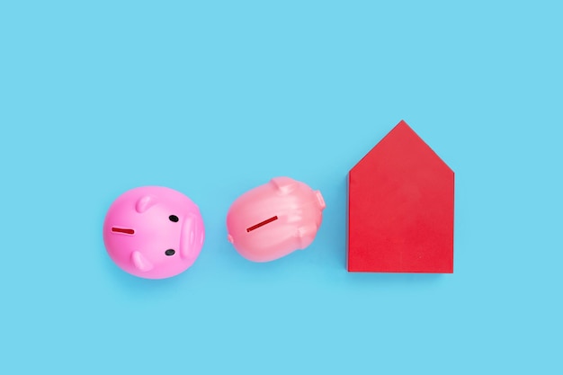 Piggy bank with red wooden house on blue background