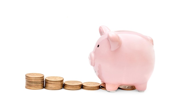 Piggy bank with row of coin stacks on white