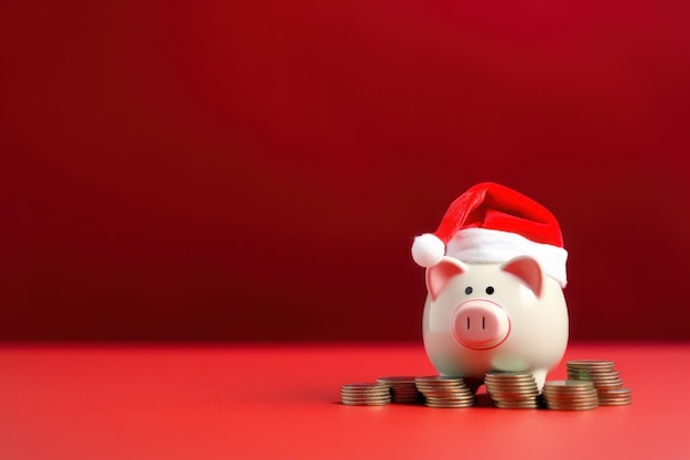 Свинья с шляпой Санта-Клауса и монетами на праздничном красном фоне