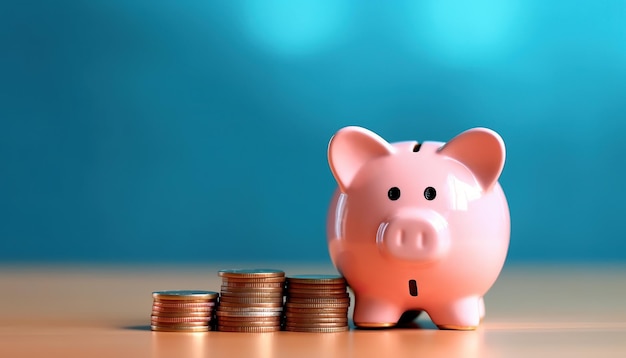 Piggy bank with stacked coins near it blue background