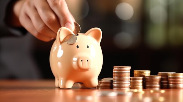 A piggy bank with stacks of coins on the table