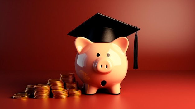 Piggy bank with student hat with coins on wooden table Generative AI