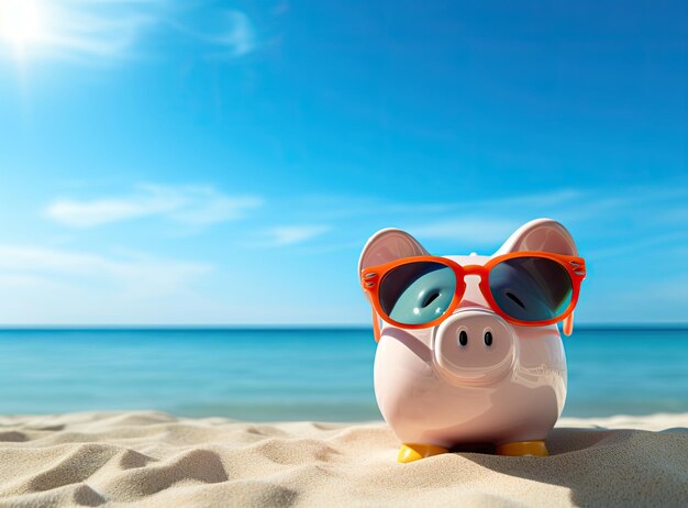 Piggy bank with sunglasses on the beach Savings