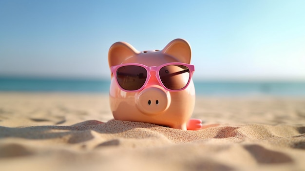 Photo piggy bank with sunglasses on sand beach