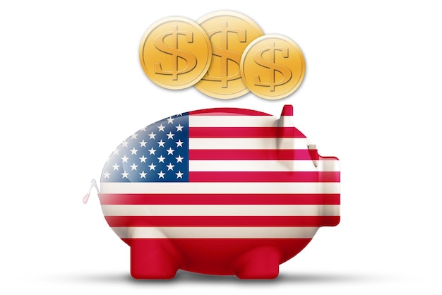 Piggy bank with United States flag and gold coin