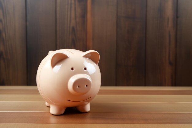 Photo piggy bank on a wooden background with copy space