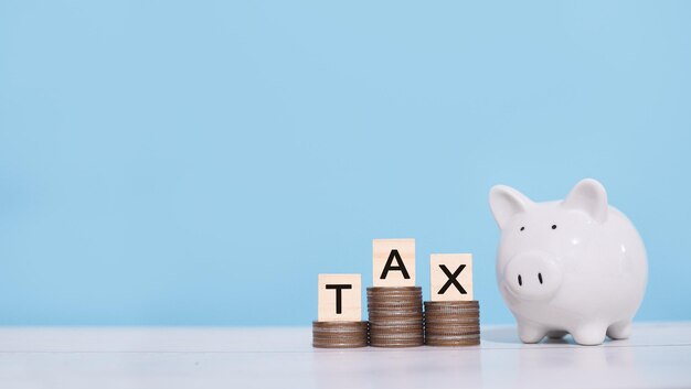 Piggy bank and wooden blocks with the word TAX on stack of coins The concept about saving money and manage time to paying tax