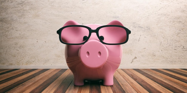 Piggy bank on wooden floor and marble wall 3d illustration