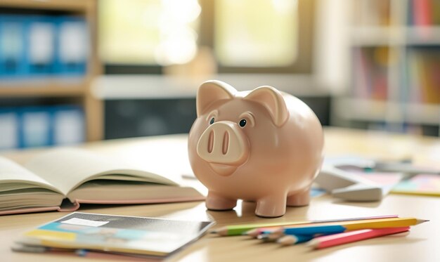 Photo piggy bank on a wooden table saving photos