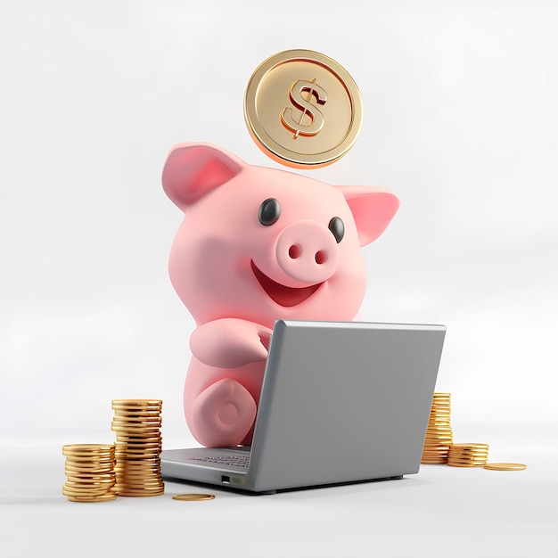 Photo piggy bank working on laptop and earning money online