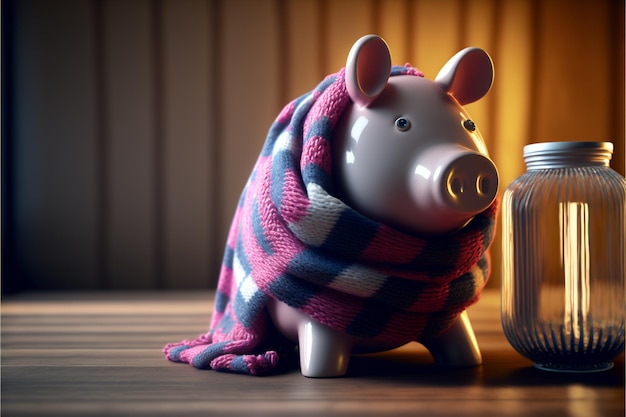 Piggy bank wrapped in scarf on table near heating radiator