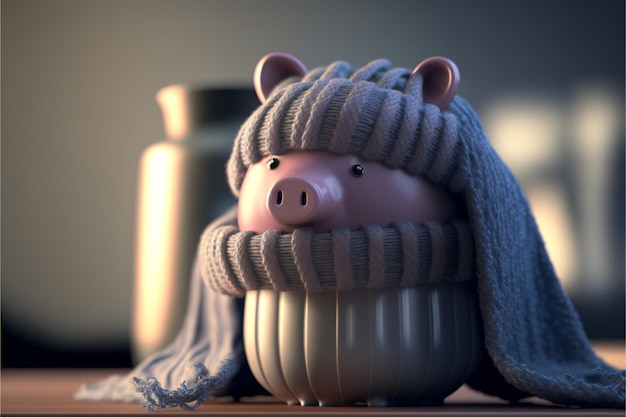 Piggy bank wrapped in scarf on table near heating radiator