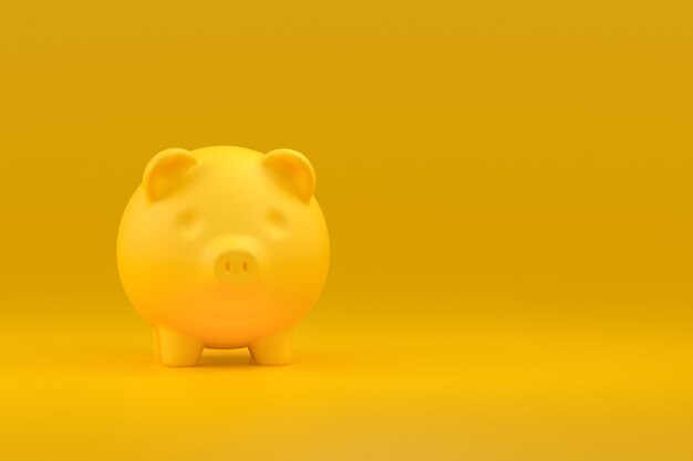 Piggy Bank on a yellow background on the left there is an empty space for the text. Concept of saving money. 3d rendering.