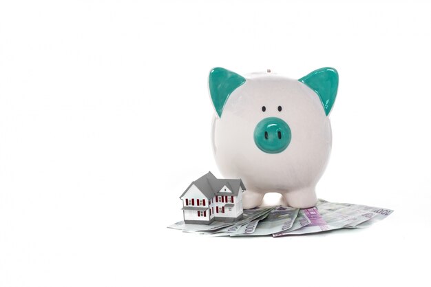 Piggy bank zittend op stapel dollars met mini-huis