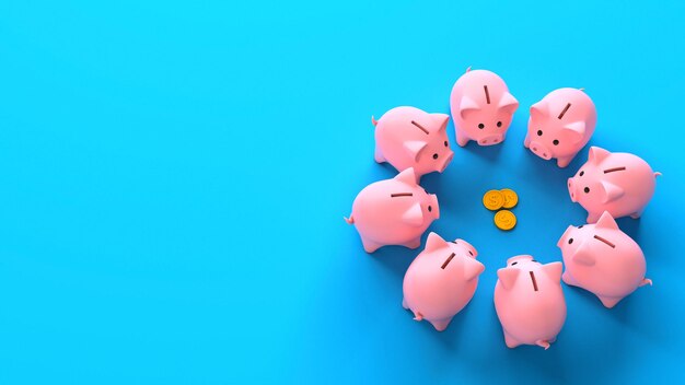 Piggy banks in a circle near money coins on a blue background Profit sharing Top view Copy space