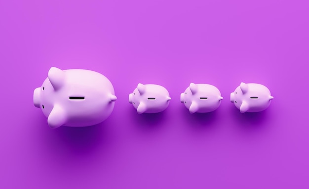 Piggy banks in a row on a purple background investment and development concept image