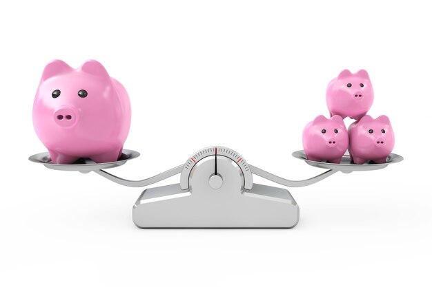 Piggy Banks over Simple Balance Weighting Scale on a white background. 3d Rendering. 3d Rendering